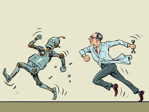 The robot runs away from the scientist man. Artificial intelligence and people Stock Illustration