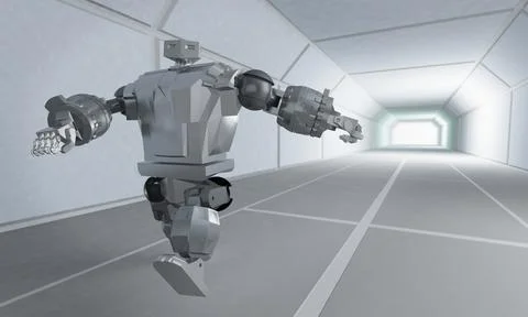 Robot runs on the space corridor Foto stock