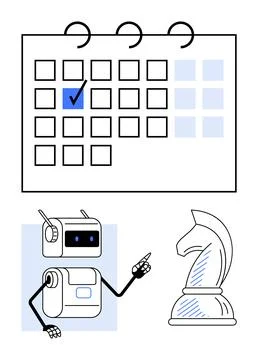 Robot Scheduling Genius AI, Planning, Strategy Unique Vector Art of Calenda.. Illustrazione stock