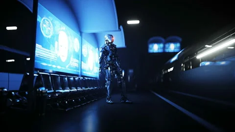 Robot on the Sci Fi railway futuristic station. Future concept. Aerial view Vídeos de archivo 132764586