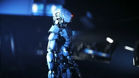 Robot on the Sci Fi railway futuristic station. Future concept. Aerial view Video stock 132764937