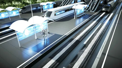 Robot on the Sci Fi railway futuristic station. Future concept. Aerial view Vídeos de archivo 132765110
