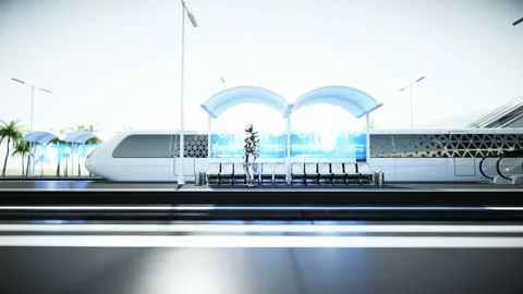 Robot on the Sci Fi railway futuristic station. Future concept. Aerial view Vídeos de archivo 132765234
