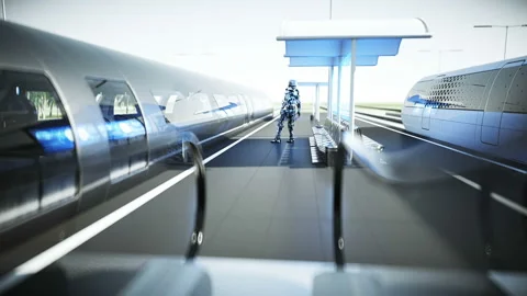 Robot on the Sci Fi railway futuristic station. Future concept. Aerial view Vídeos de archivo 132765347