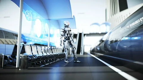Robot on the Sci Fi railway futuristic station. Future concept. Aerial view Vídeos de archivo 132765350