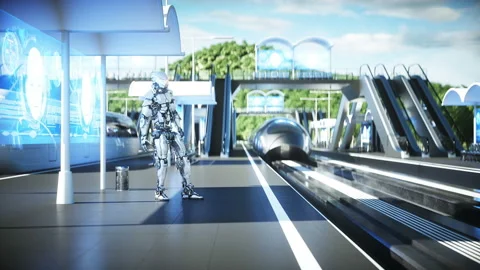Robot on the Sci Fi railway futuristic station. Future concept. Aerial view Vídeos de archivo 132765473