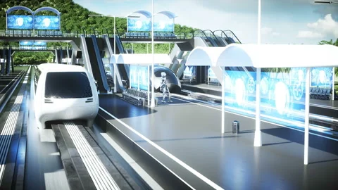 Robot on the Sci Fi railway futuristic station. Future concept. Aerial view Vídeos de archivo 132765477
