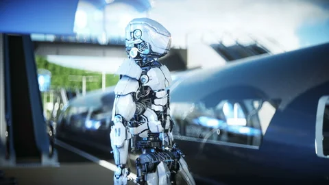 Robot on the Sci Fi railway futuristic station. Future concept. Aerial view Vídeos de archivo 132765722