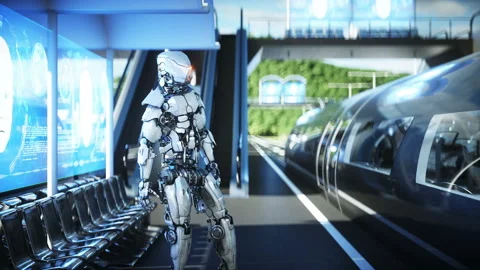 Robot on the Sci Fi railway futuristic station. Future concept. Aerial view 스톡 동영상 132766030