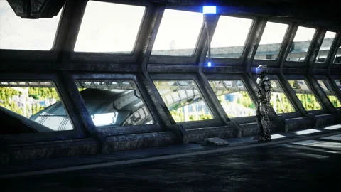 Robot in Sci fi tonnel. Concept of future. Realistic 4K animation. Stock Footage 111009616