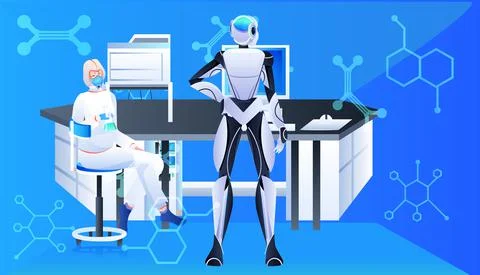Robot with scientist in protective suit making experiments in lab genetic Stock Illustration
