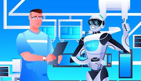 Robot with scientist using laptop and making experiments in lab genetic 스톡 일러스트