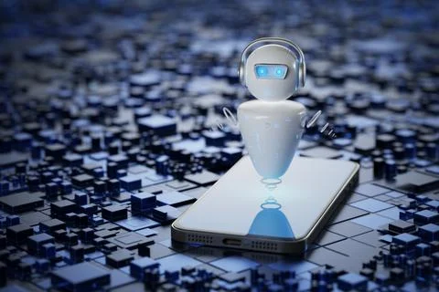 Robot on the screen of a mobile phone. The concept of artificial intelligen.. Illustrazione stock