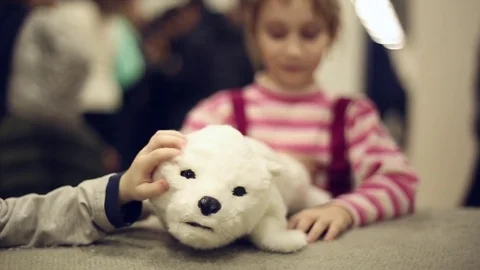 The robot seal soft toy with moving eyes and mouth children pat hands Stock Footage