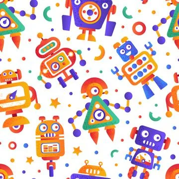 Robot Seamless Pattern with Futuristic Modern Bot and Android Vector Template Illustrazione stock
