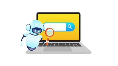 Robot searching information using laptop computer with blank search bar Stock Footage 319023927