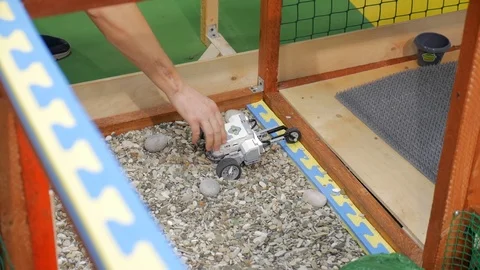 Robot searching for a way with an obstacles at a robot competitions. Stock Footage 85716648
