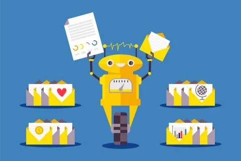 Robot secretary and assistant, automatic device on wheel with letters, isolated Ilustración de archivo
