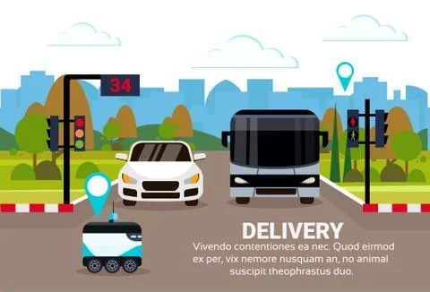 Robot self drive fast delivery goods crossing city traffic road way navigation Stock Illustration