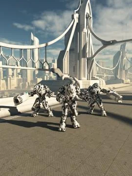 Robot Sentinels Guarding the Bridge Illustrazione stock