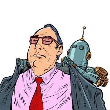 Robot servant of man. An artificial mechanism puts a coat on the boss Stock Illustration