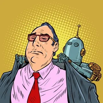 Robot servant of man. An artificial mechanism puts a coat on the boss Stock Illustration