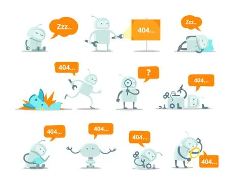 Robot Set 404 error page not found vector Crash accident funny Cosmonaut running Stock Illustration
