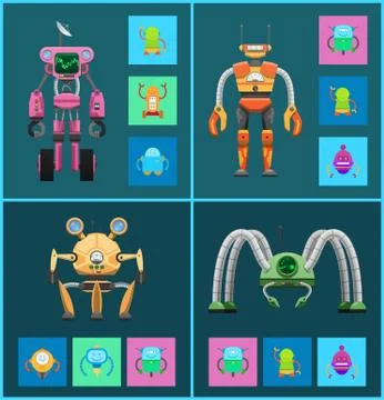 Robot Set of Creatures Types Vector Illustration Stock Illustration