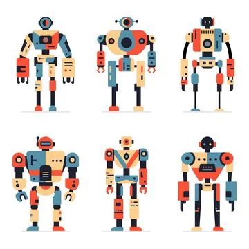 Robot set machine technology cyborg. Futuristic humanoid characters set. Science Stock Illustration
