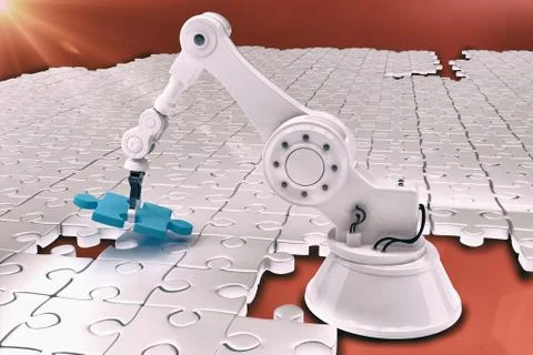 Robot setting up jigsaw puzzle 3d Stockillustratie