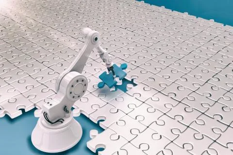Robot setting up jigsaw puzzles 3d Stockillustratie