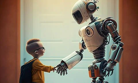 Robot shaking hands with human child, Generative AI. Stock Illustration