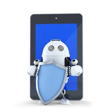Robot with shiel in front of tablet conputer Stock Illustration