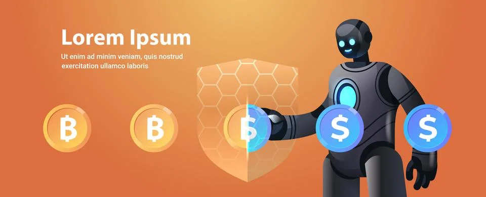 Robot with shield exchange dollar with bitcoin crypto currency electronic money Stock Illustration