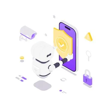 Robot With Shield For Mobile Data Security Isometric Vector Illustration Stock Illustration