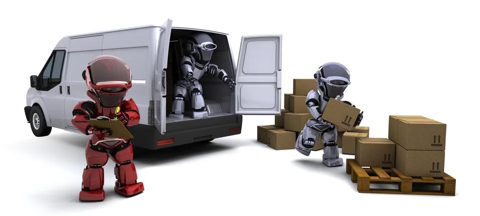 Robot with Shipping Boxes loading a van Stock Illustration