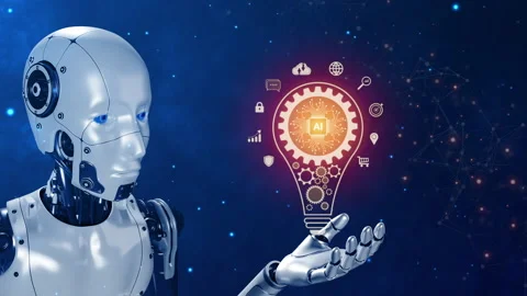 Robot show AI artificial intelligence icon with gears in light bulb. Stock Footage 240054068