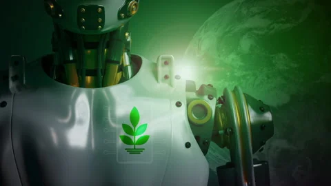 Robot showing tree icon on chest, ECO friendly protecting environmental world Stock Footage 238966090