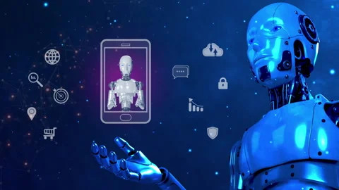Robot shows AI icon provide access information, digital chat bot concept. Stock Footage 240054063