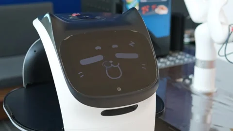 Robot shows cute cat face while awaiting order Stock Footage 315216842