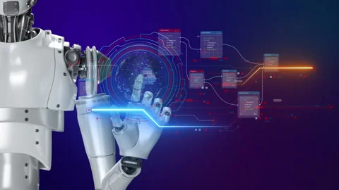 Robot shows rotating virtual earth hologram with innovation technology Stock Footage 235575826