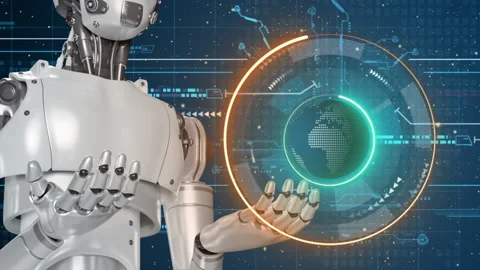 Robot shows rotating virtual earth hologram with innovation technology Stock-Footage 235739344