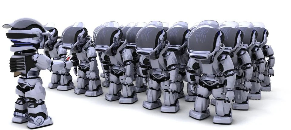 Robot shutting down army of robots Stock Illustration