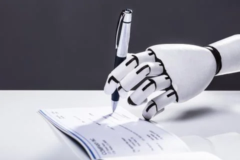 Robot Signing Cheque 스톡 사진