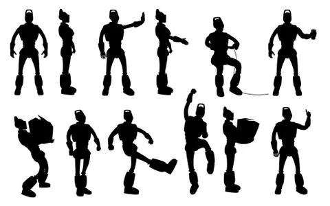 Robot silhouettes set in different poses Stock Illustration