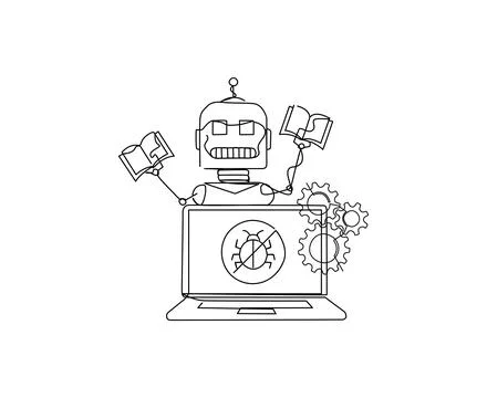 Robot with a simplistic design interfaces with a laptop. Stock Illustration