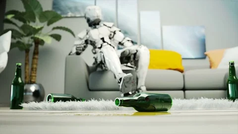 Robot sit on sofa. Relax. Concept of future. Realistic 4K animation. Video stock 82316747