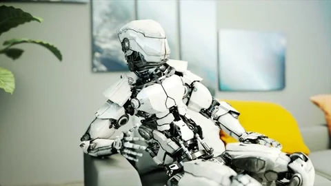 Robot sit on sofa. Relax. Concept of future. Realistic 4K animation. Stock Footage 82326792