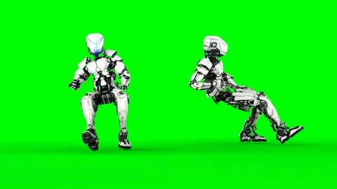 Robot is siting. Realistic motion and reflections. 4K green screen footage. Video stock 82696212