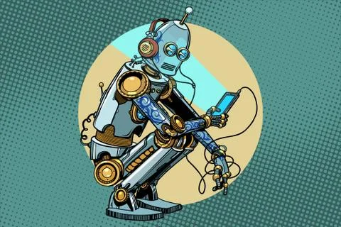The robot sits and reads smartphone Stock-Illustration